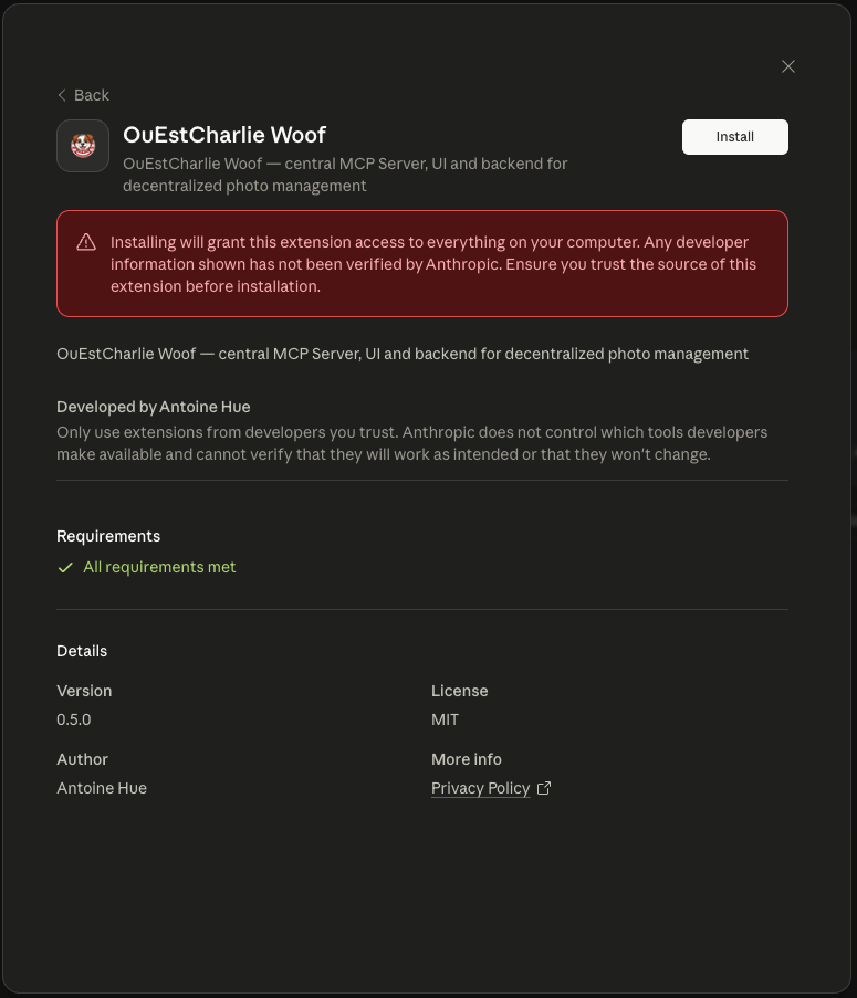 Open the Woof MCP bundle in Claude Desktop