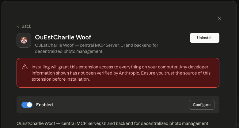 Woof extension is enabled in Claude Desktop