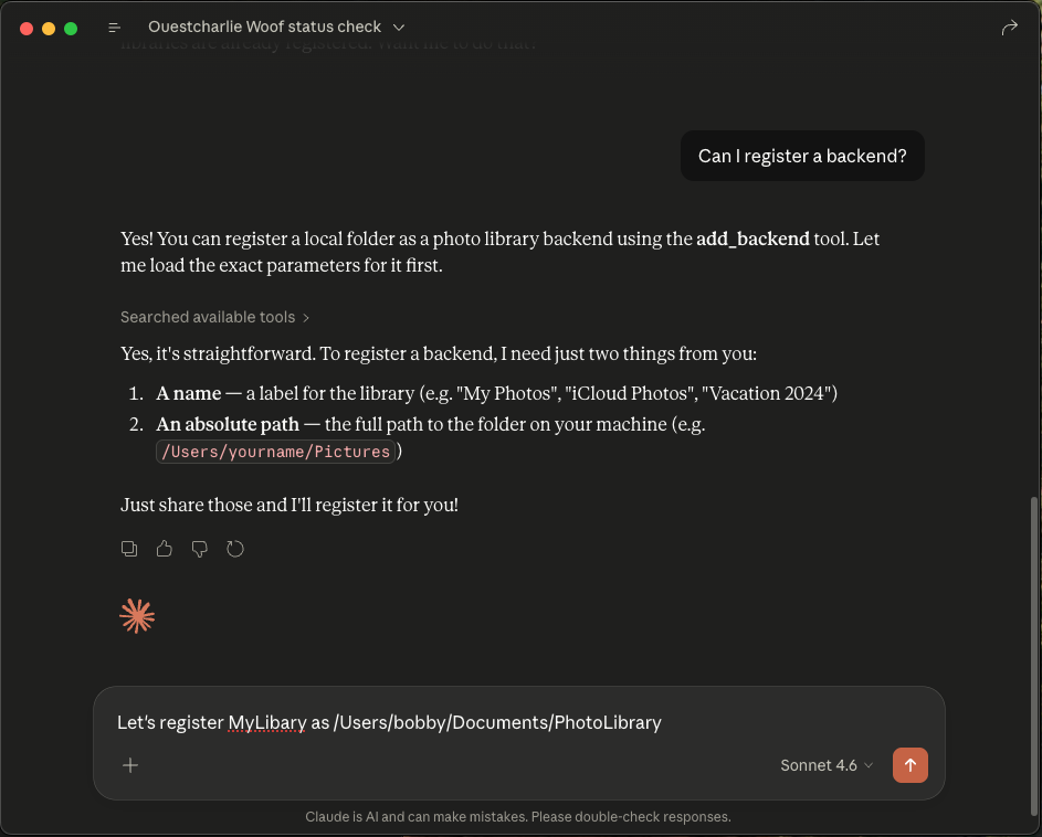 Define a Woof backend in Claude Desktop
