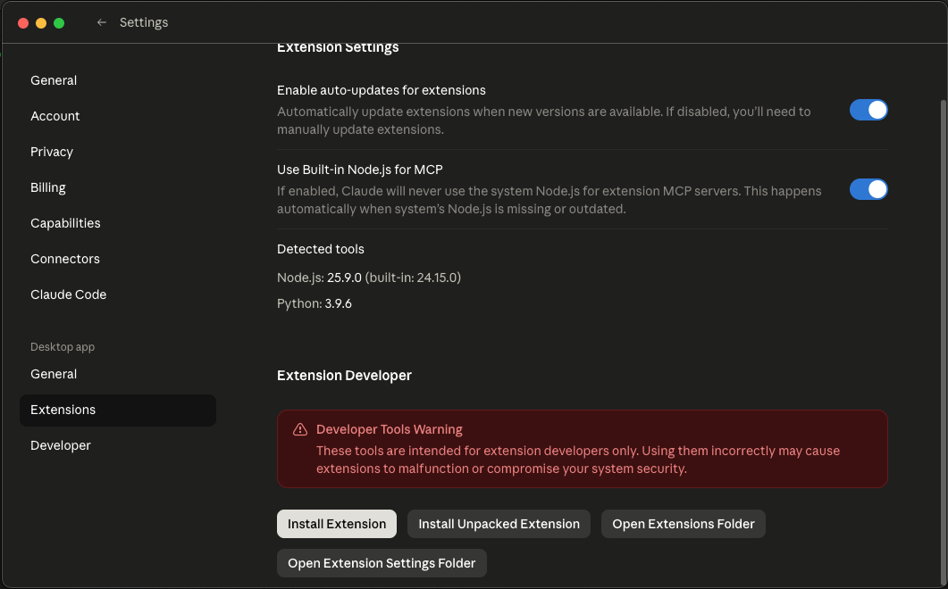 Install Extension in Claude Desktop Settings