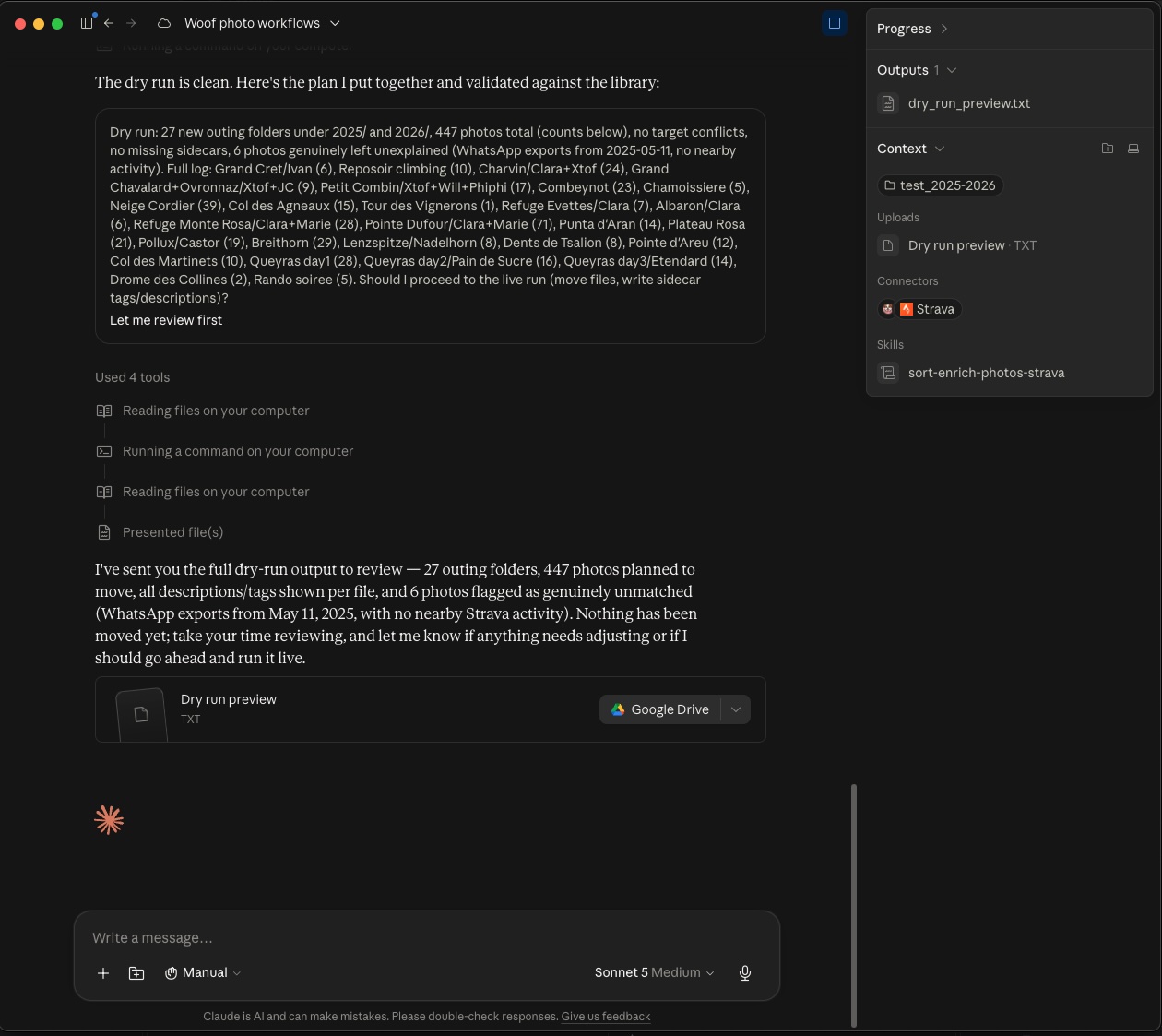 Claude CoWork has correlated the Strava Activity Log with the photos and proposing a plan to sort and enrich photos